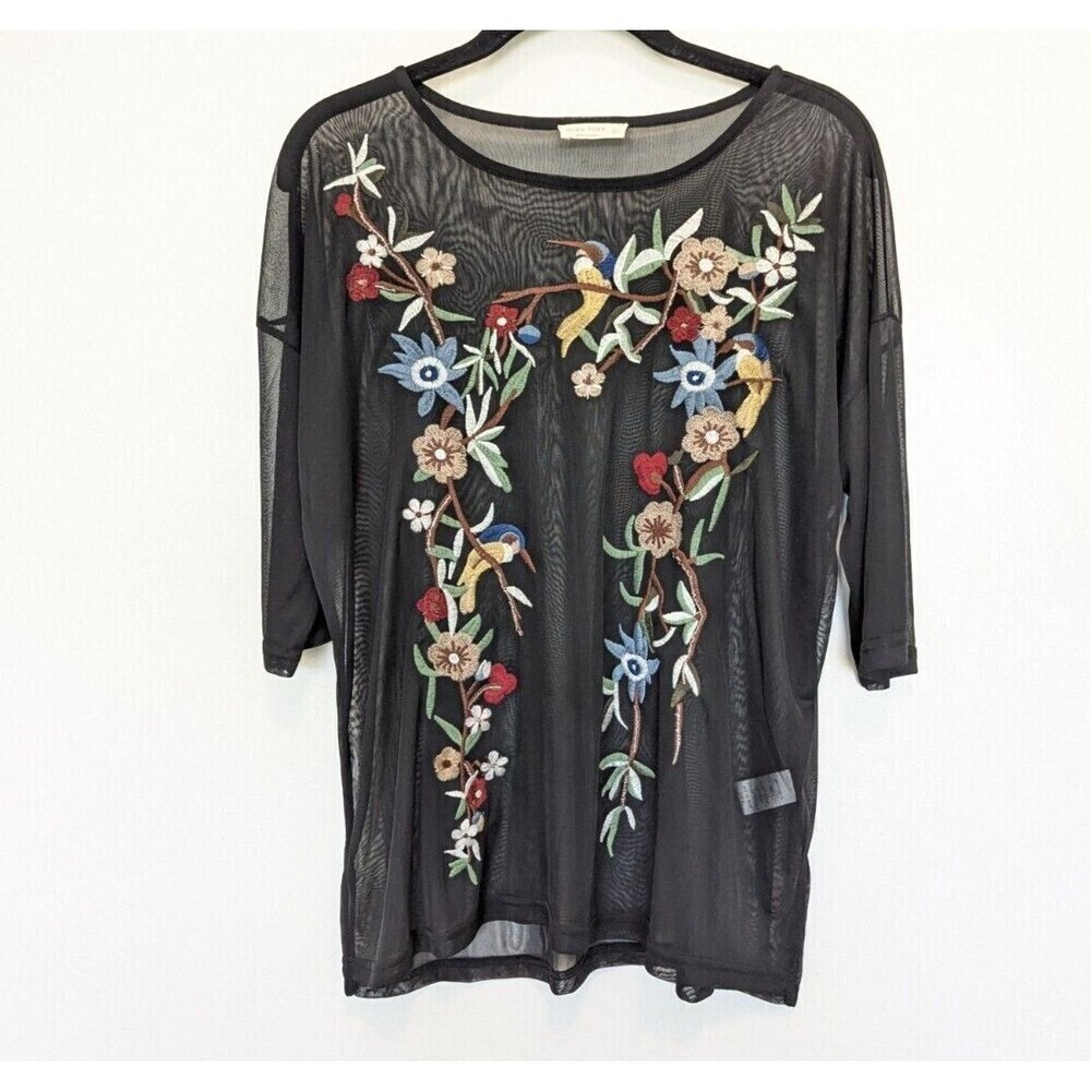 Miss Love Top Women Size S Black Mesh Sheer Embroidered Floral Fairy Goth Blouse